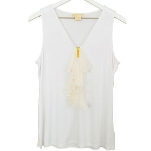 Michael Kors Rayon Crisp White & Cream‎ Ruffle Accent Partial Zipper Tank Large